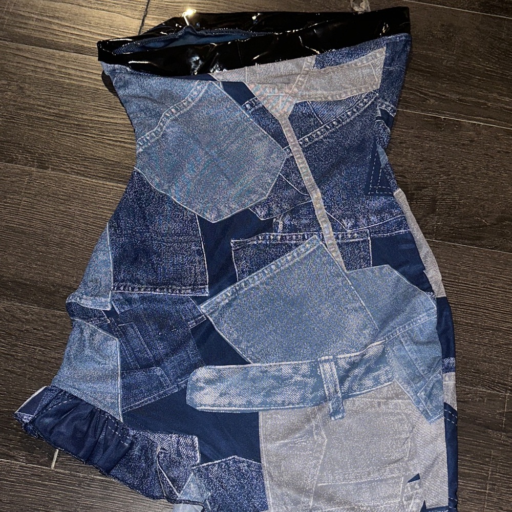 New Pink Blue Patchwork Denim-Print Dress - Picture 4 of 4